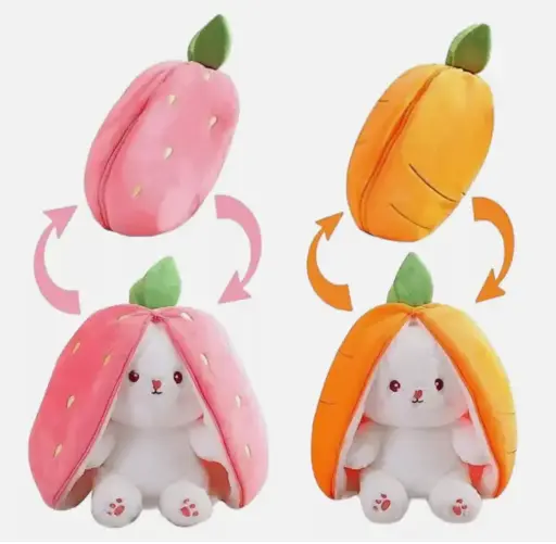 peluche lapin FRAISE ou CAROTTE REVERSIBLE ENFANT TAILLE 20 CM